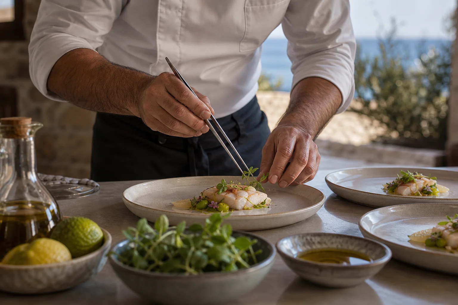 Generated male private chef plating a course in a Cretan villa kitchen