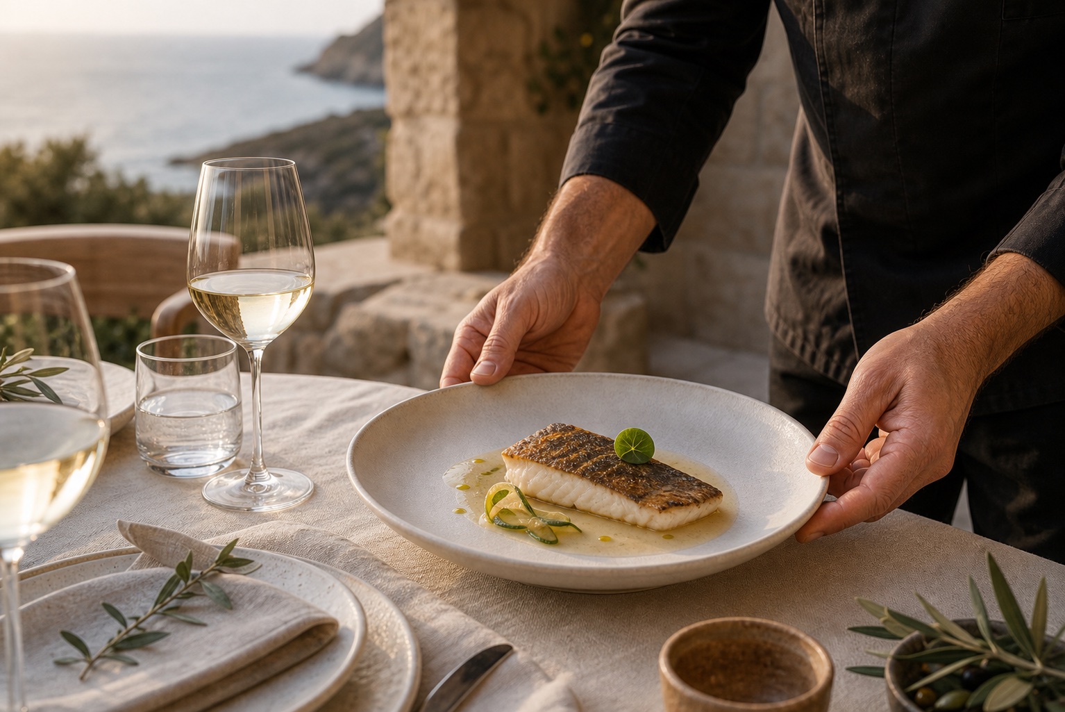 Generated restrained private dining service with a contemporary fish course in Crete