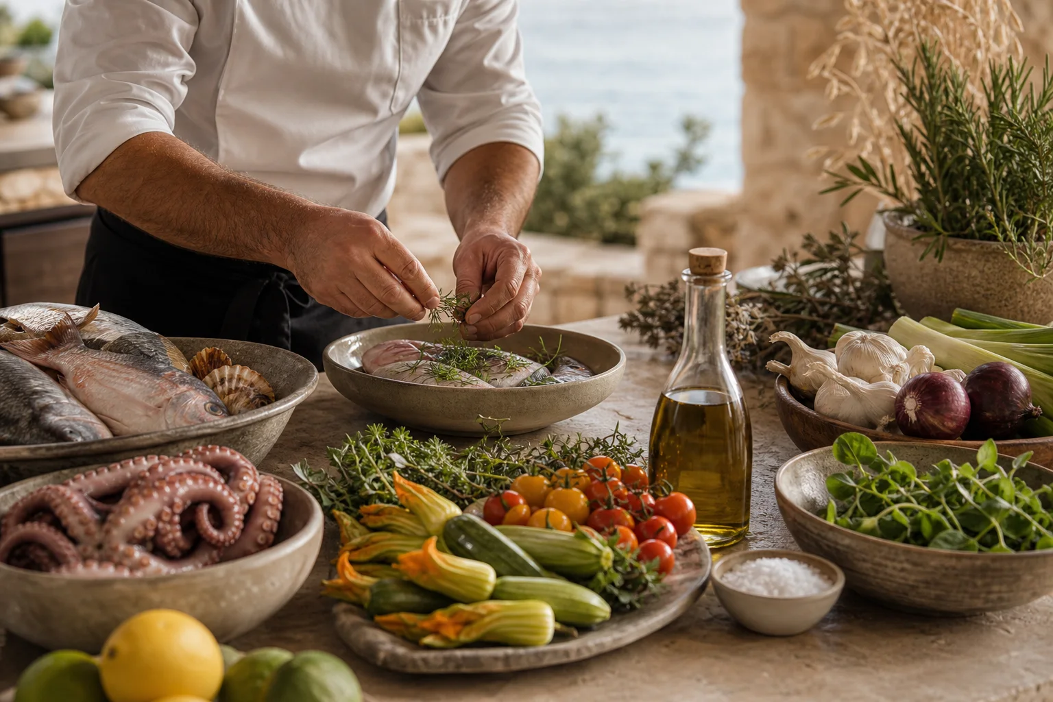 Generated private chef preparation with Cretan seafood, herbs, and vegetables