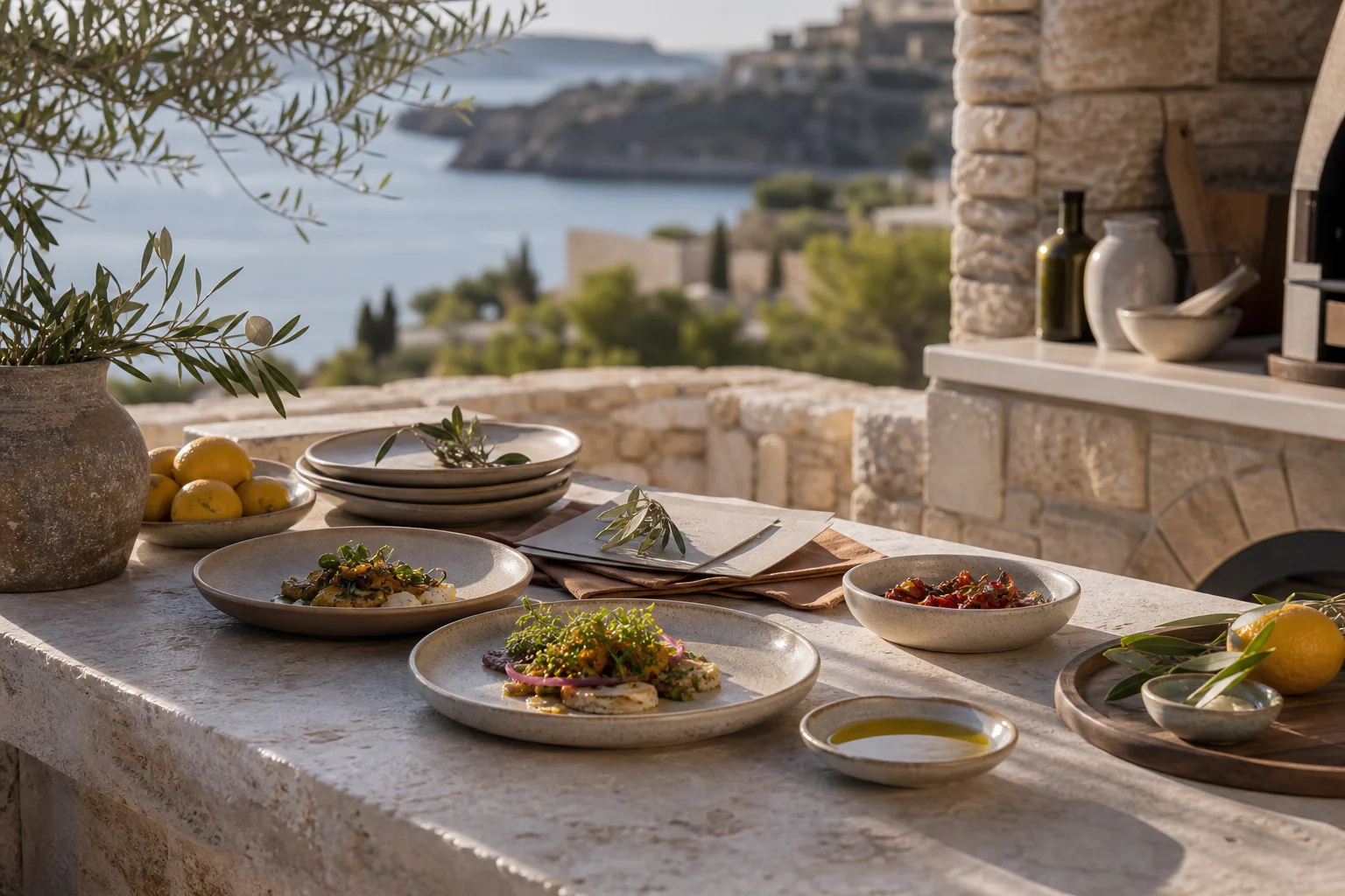 Generated Cretan stone terrace with contemporary private dining plates